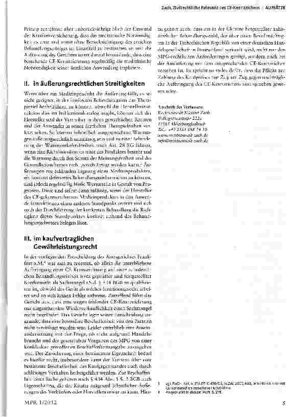 Vorschauseite 2: Zivilrechtliche Relevanz des CE-Kennzeichens zugleich Anmerkung zum Urteil des AG Frankfurt a.M. v. 11.07.2011 31 C 635/11 (44)