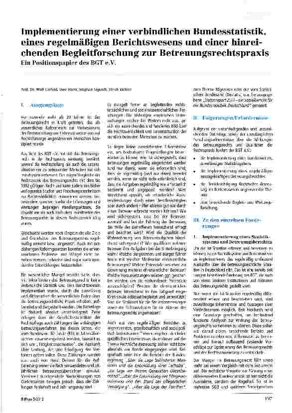 Vorschauseite 1: Implementierung einer verbindlichen Bundesstatistik, eines regelmäßigen Berichtswesens und einer hinreichenden Begleitforschung zur Betreuungsrechtspraxis Ein Positionspapier des…
