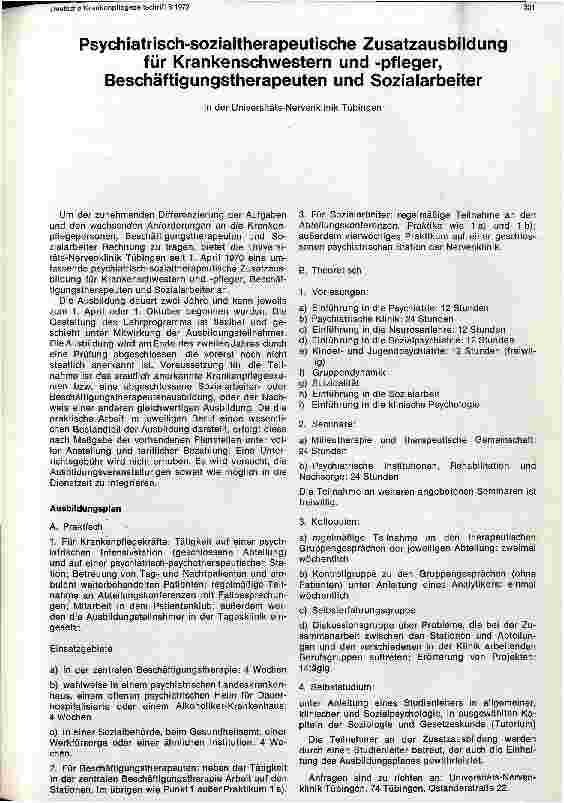 Vorschauseite 1: Psychiatrisch-sozialtherapeutische Zusatzausbildung für Krankenschwestern und -pfleger, Beschäftigungstherapeuten, Sozialarbeiter