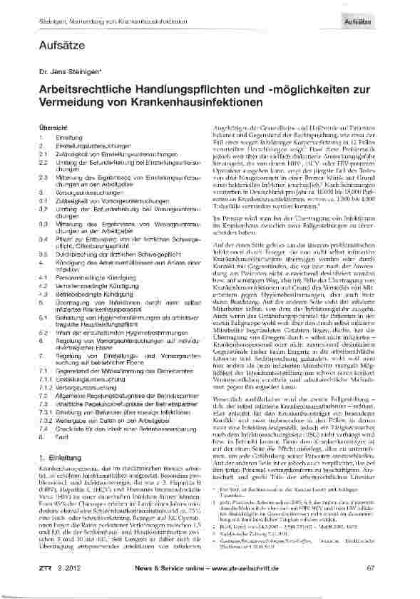 Vorschauseite 1: Arbeitsrechtliche Handlungspflichten und -möglichkeiten zur Vermeidung von Krankenhausinfektionen