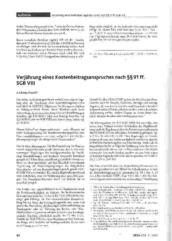 Vorschauseite 1: Verjährung eines Kostenbeitragsanspruches nach §§91 ff. SGB VIII