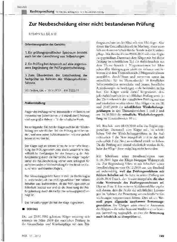 Vorschauseite 1: Zur Neubescheidung einer nicht bestandenen Prüfung KrPflAPrV§3, §8, § 13