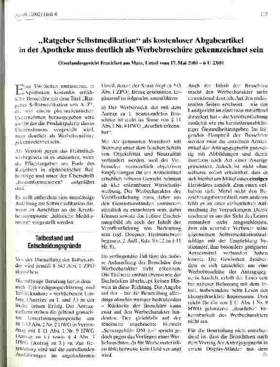 Vorschauseite 1: Ratgeber Selbstmedikation als kostenloser Abgabeartikel in der Apotheke muss deutlich als Werbebroschüre gekennzeichnet sein Oberlandesgericht Frankfurt am Main, Urteil vom 17. Ma…