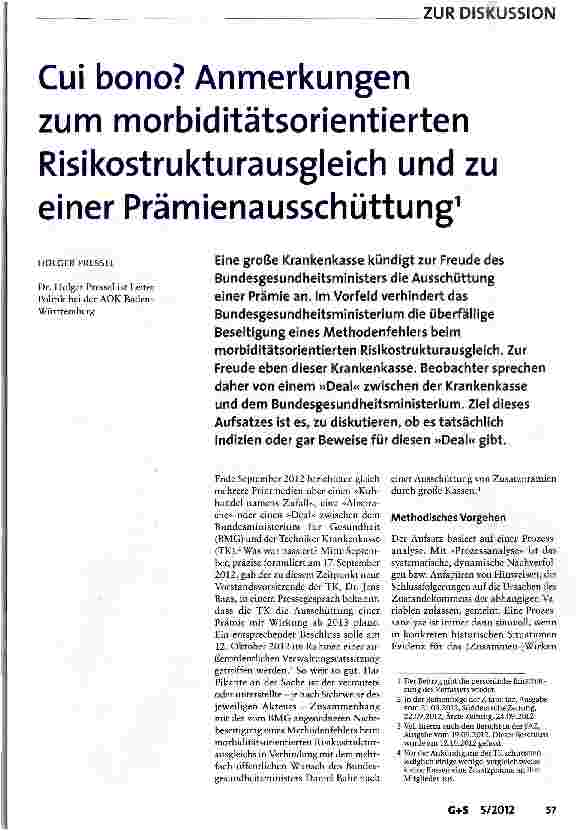 Vorschauseite 1: Cui bono? Anmerkungen zum morbiditätsorientierten Risikostrukturausgleich und zu einer Prämienausschüttung