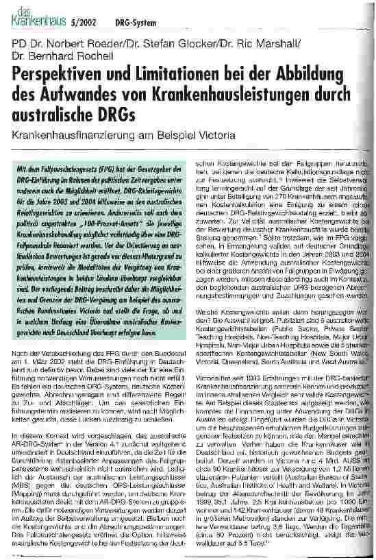Vorschauseite 1: Perspektiven und Limitationen bei der Abbildung des Aufwandes von Krankenhausleitsungen durch australische DRGs Krankenhausfinanzierung am Beispiel Victoria