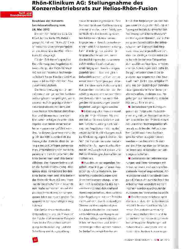 Vorschauseite 1: Rhön-Klinikum AG: Stellungnahme des Konzernbetriebsrats zur Helios-Rhön-Fusion