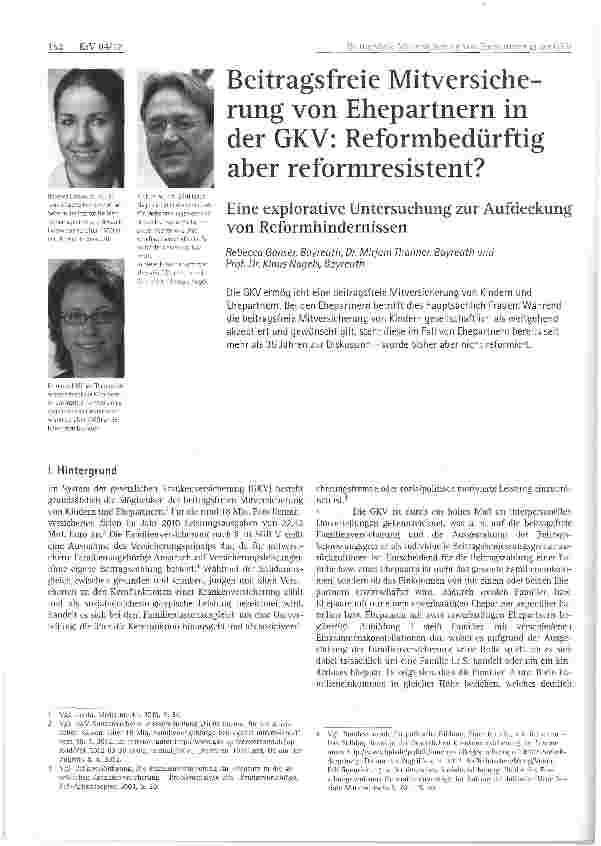 Vorschauseite 1: Beitragsfreie Mitversicherung von Ehepartnern in der GKV: Reformbedürftig aber reformresistent?