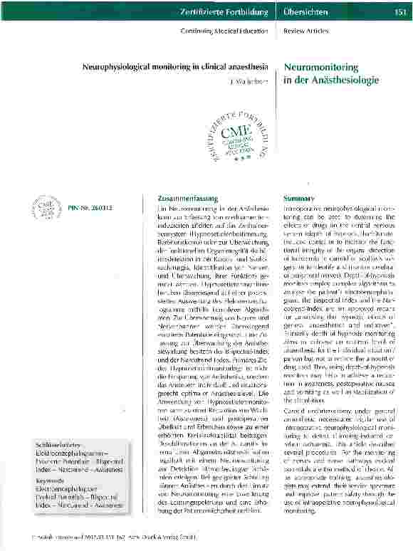 Vorschauseite 1: Neuromonitoring in der Anästhesiologie