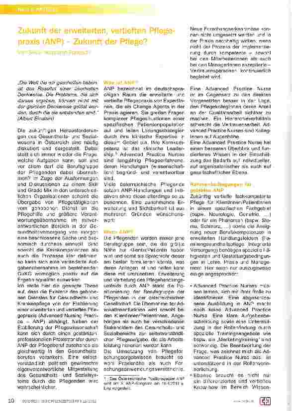 Vorschauseite 1: Zukunft der erweiterten, vertieften Pflegepraxis (ANP) - Zukunft der Pflege?