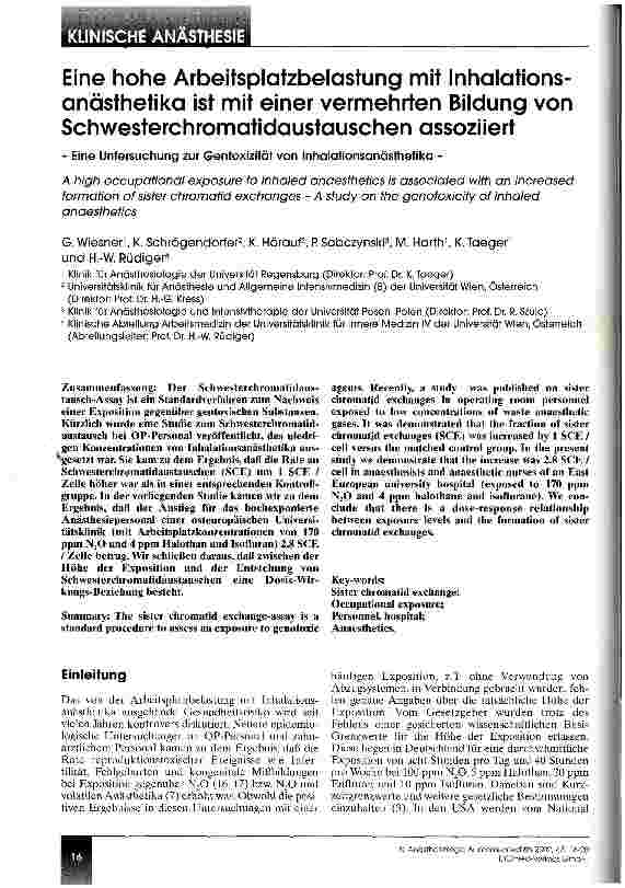 Vorschauseite 1: Eine hohe Arbeitsplatzbelastung mit Inhalationsanästhetika ist mit einer vermehrten Bildung von Schwesterchromatidaustauschen assoziiert