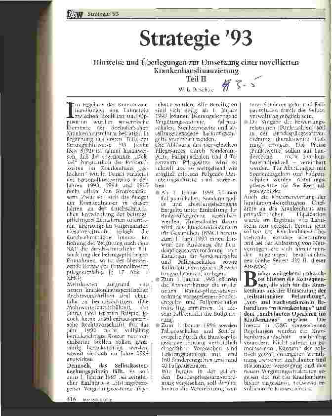 Vorschauseite 1: Strategie 1993 - Hinweise und Überlegungen zur Umsetzung einer novellierten Krankenhausfinanzierung - 2. Teil