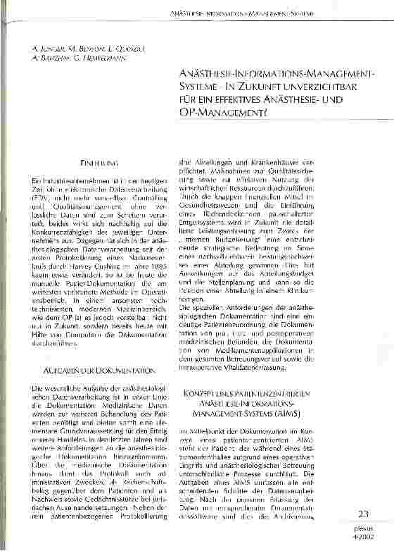 Vorschauseite 1: Anästhesie-Informations-Management-Systeme - In Zukunft unverzichtbar für ein effektives Anästhesieund OP-Management?