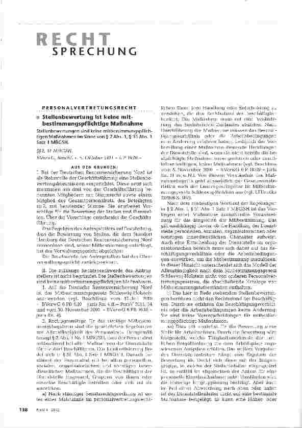 Vorschauseite 1: Stellenbewertung ist keine mit-bestimmungspflichtige Maßnahme Stellenbewertungen sind keine mitbestimmungspflich-tigen Maßnahmen im Sinne von § 2 Abs. 1, § 51 Abs. 1 Satz 1 MBGSH.