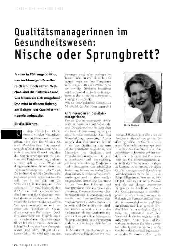 Vorschauseite 1: Qualitätsmanagerinnen im Gesundheitswesen:Nische oder Sprungbrett?