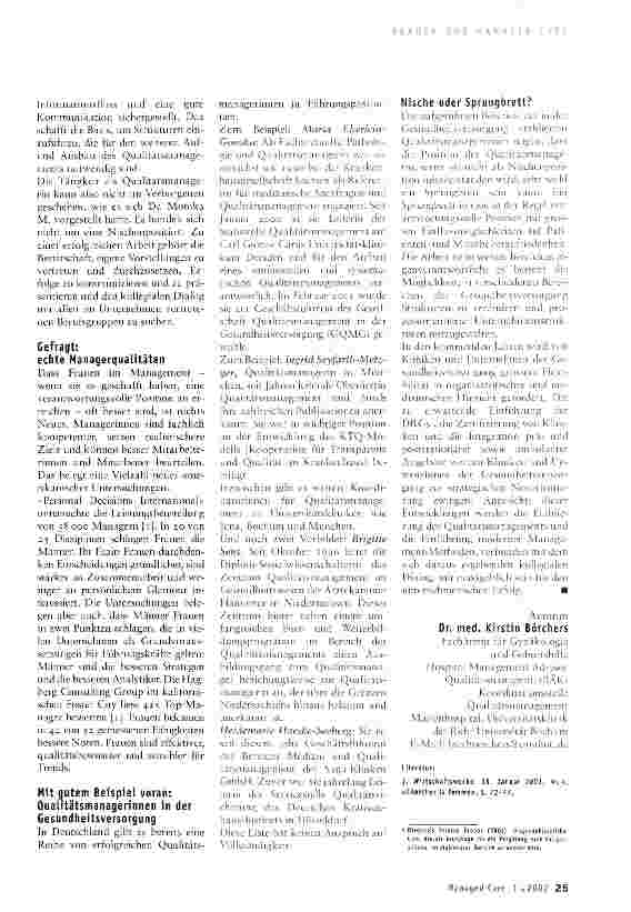 Vorschauseite 2: Qualitätsmanagerinnen im Gesundheitswesen:Nische oder Sprungbrett?