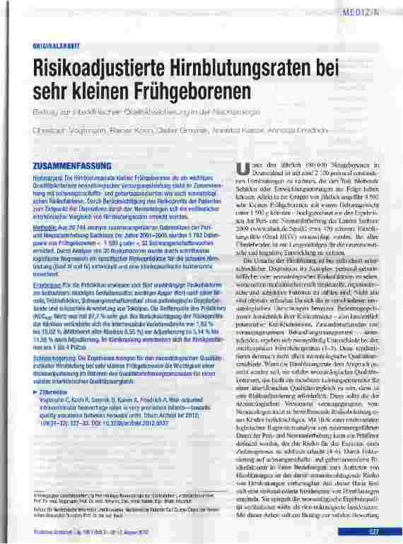 Vorschauseite 1: Risikoadjustierte Hirnblutungsraten bei sehr kleinen Frühgeborenen