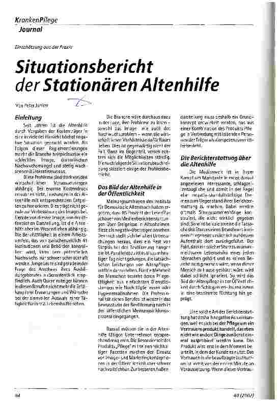 Vorschauseite 1: Situationsbericht der Stationären Altenhilfe Einschätzung aus der Praxis
