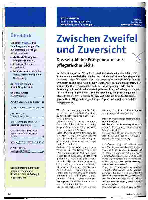 Vorschauseite 1: Zwischen Zweifel und Zuversicht Das sehr kleine Frühgeborene aus pflegerischer Sicht