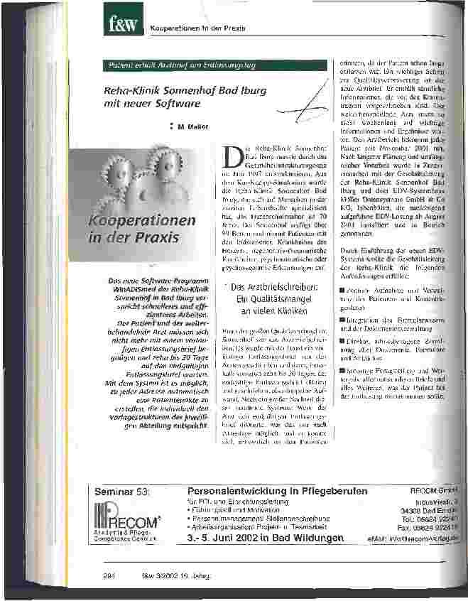 Vorschauseite 1: Kooperationen in der Praxis Reha-Klinik Sonnenhof Bad Iburg mit neuer Software
