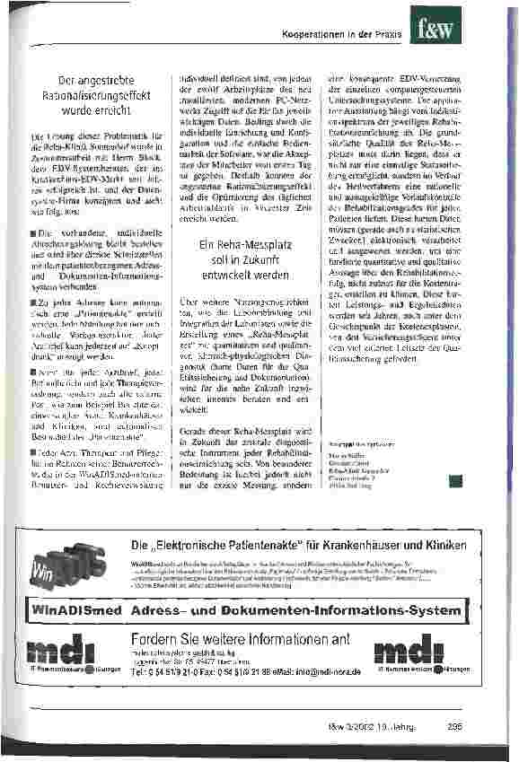 Vorschauseite 2: Kooperationen in der Praxis Reha-Klinik Sonnenhof Bad Iburg mit neuer Software