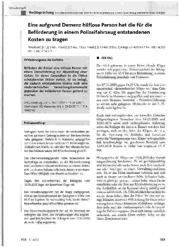 Vorschauseite 1: Eine aufgrund Demenz hilflose Person hat die für die Beförderung in einem Polizeifahrzeug entstandenen Kosten zu tragen