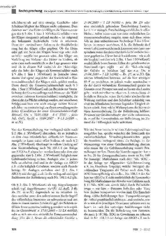Vorschauseite 4: Eine aufgrund Demenz hilflose Person hat die für die Beförderung in einem Polizeifahrzeug entstandenen Kosten zu tragen