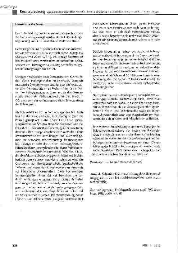 Vorschauseite 6: Eine aufgrund Demenz hilflose Person hat die für die Beförderung in einem Polizeifahrzeug entstandenen Kosten zu tragen