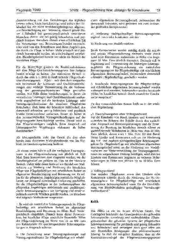 Vorschauseite 3: Pflegeversicherung: Neue Leistungen für Demenzkranke Das neue Pflegeleistungsergänzungsgesetz (PflEG) und seine Problematik