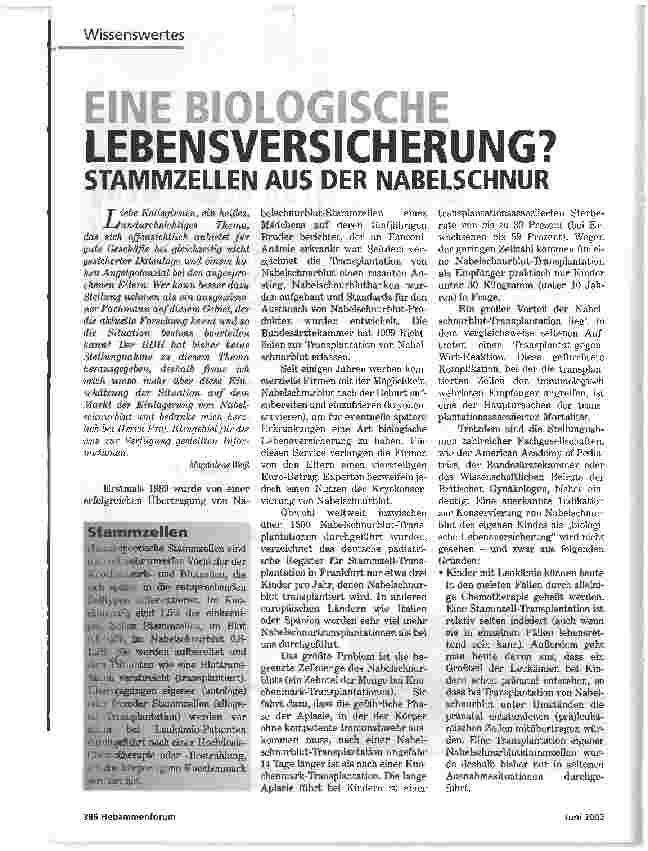 Vorschauseite 1: EINE BIOLOGISCHE LEBENSVERSICHERUNGSTAMMZELLEN AUS DER NABELSCHNUR