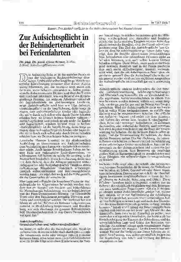 Vorschauseite 1: Zur Aufsichtspflicht in der Behindertenarbeit bei Ferienfahrten