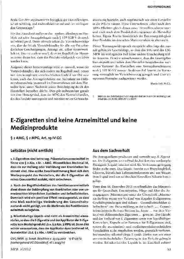 Vorschauseite 1: E-Zigaretten sind keine Arzneimittel und keine Medizinprodukte