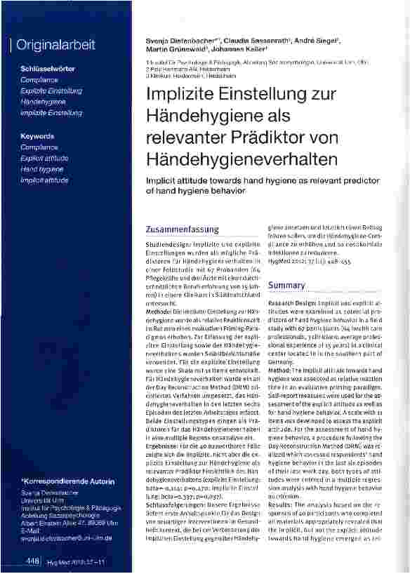 Vorschauseite 1: Implizite Einstellung zur Händehygiene als relevanter Prädiktor von Händehygieneverhalten