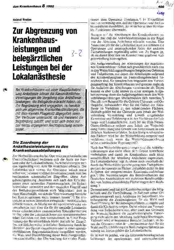 Vorschauseite 1: Zur Abgrenzung von Krankenhausleistungen und belegärztlichen Leistungen bei der Lokalanästhesie