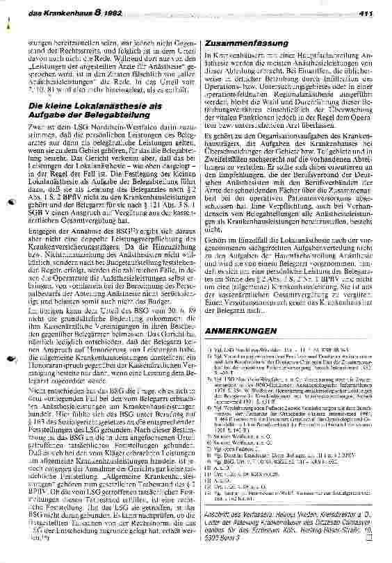 Vorschauseite 3: Zur Abgrenzung von Krankenhausleistungen und belegärztlichen Leistungen bei der Lokalanästhesie
