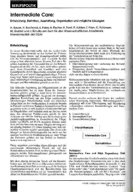 Vorschauseite 1: Intermediate Care Entwicklung, Definition, Ausstattung, Organisation und mögliche Lösungen