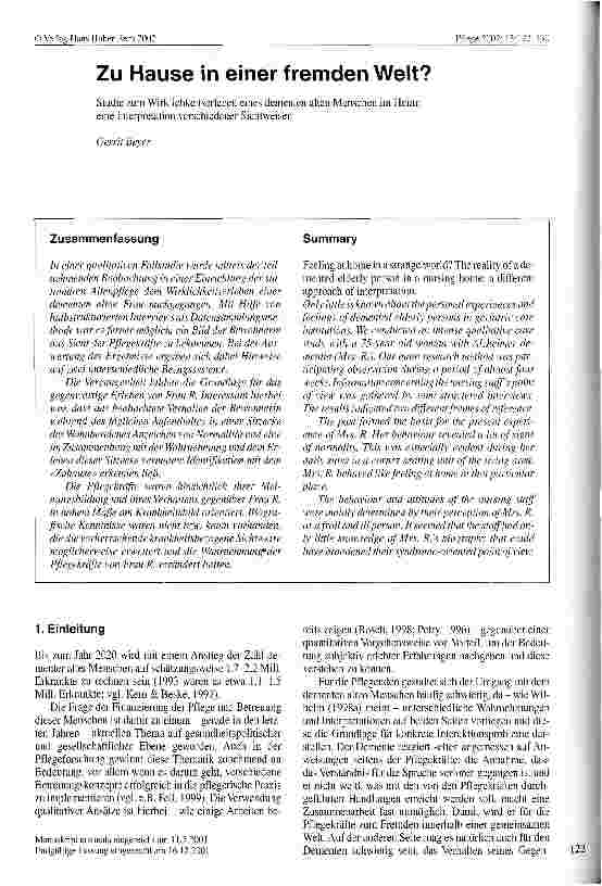 Vorschauseite 1: Zu Hause in einer fremden Welt? Studie zum Wirklichkeitserleben eines dementen alten Menschen im Heim: eine Interpretation verschiedener Sichtweisen