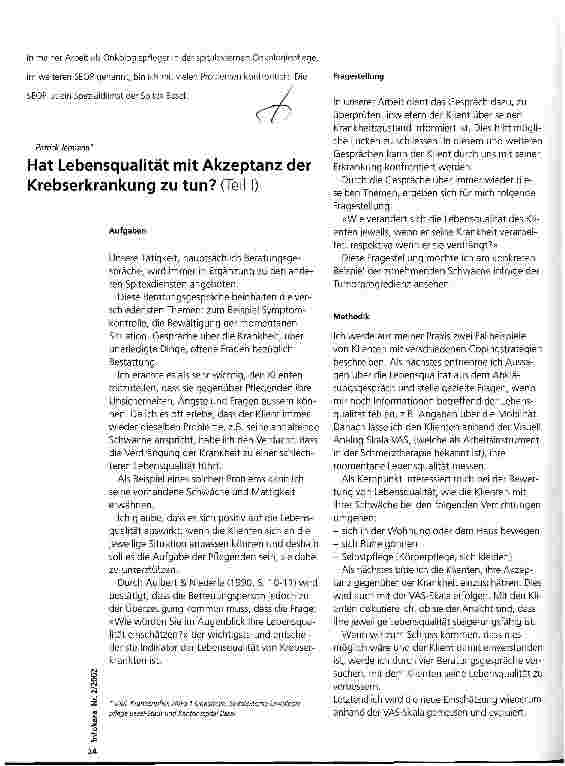 Vorschauseite 1: Hat Lebensqualität mit Akzeptanz der Krebserkrankung zu tun? Teil I