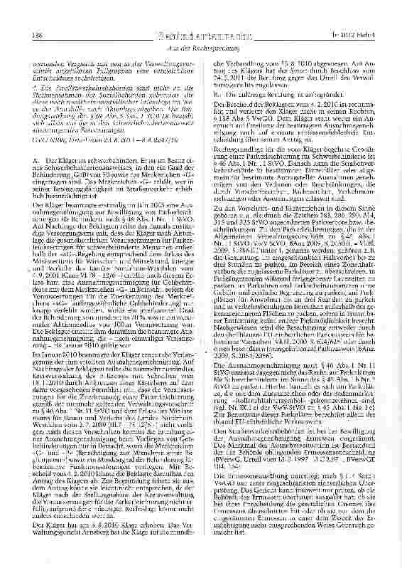 Vorschauseite 2: StVO § 46 Abs. 1 Nr. 11, SGB IX § 69 Abs. 5; GG Art. 3 Abs. 1Kein Anspruch auf Erteilung einer Ausnahmegenehmigung für Parkerleichterung schwerbehinderter Menschen