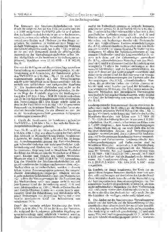 Vorschauseite 3: StVO § 46 Abs. 1 Nr. 11, SGB IX § 69 Abs. 5; GG Art. 3 Abs. 1Kein Anspruch auf Erteilung einer Ausnahmegenehmigung für Parkerleichterung schwerbehinderter Menschen