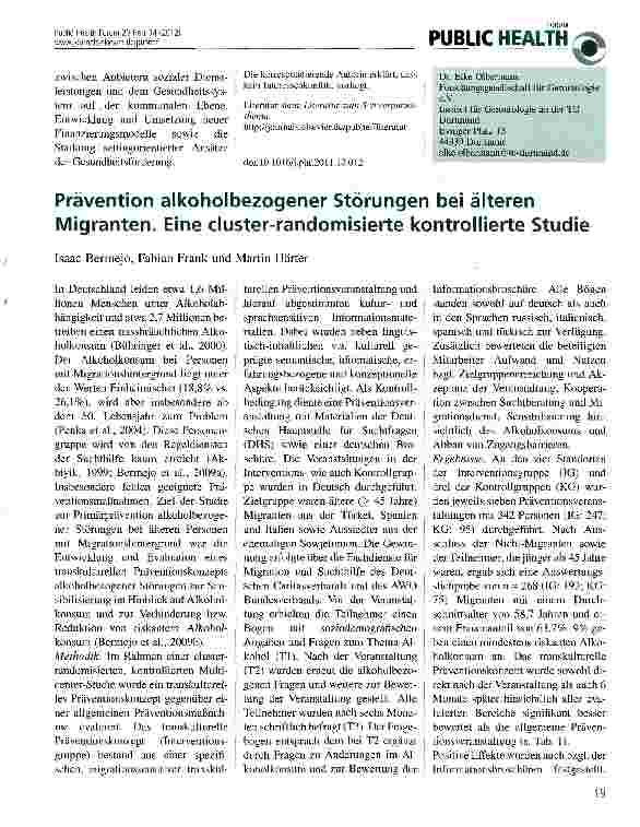 Vorschauseite 1: Prävention alkoholbezogener Störungen bei älteren Migranten. Eine cluster-randomisierte kontrollierte Studie