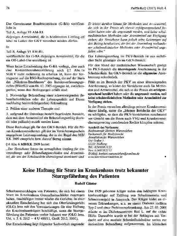 Vorschauseite 1: Keine Haftung für Sturz im Krankenhaus trotz bekannter Sturzgefährdung des Patienten