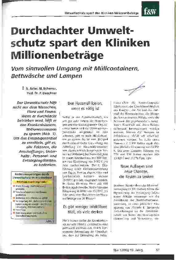 Vorschauseite 1: Durchdachter Umweltschutz spart den Kliniken Millionenbeträge Vom sinnvollen Umgang mit Müllcontainern, Bettwäsche und Lampen