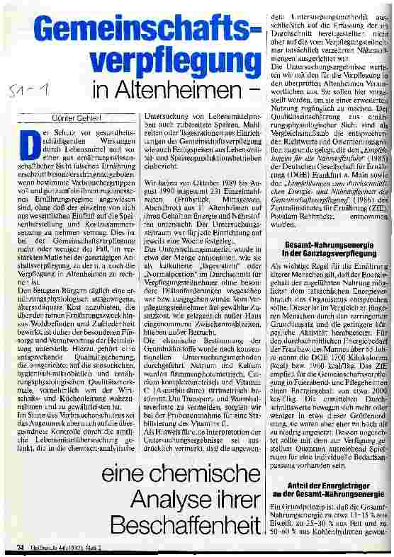 Vorschauseite 1: Gemeinschaftsverpflegung in Altenheimen - eine chemische Analyse ihrer Beschaffenheit