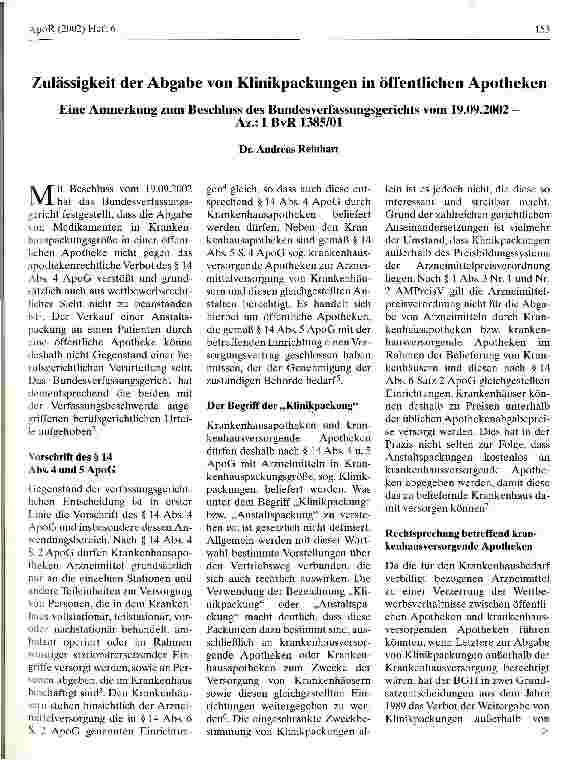 Vorschauseite 1: Zulässigkeit der Abgabe von Klinikpackungen in öffentlichen Apotheken Eine Anmerkung zum Beschluss des Bundesverfassungsgerichts vom 19.09.2002