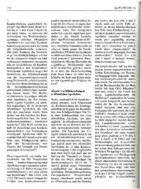 Vorschauseite 2: Zulässigkeit der Abgabe von Klinikpackungen in öffentlichen Apotheken Eine Anmerkung zum Beschluss des Bundesverfassungsgerichts vom 19.09.2002