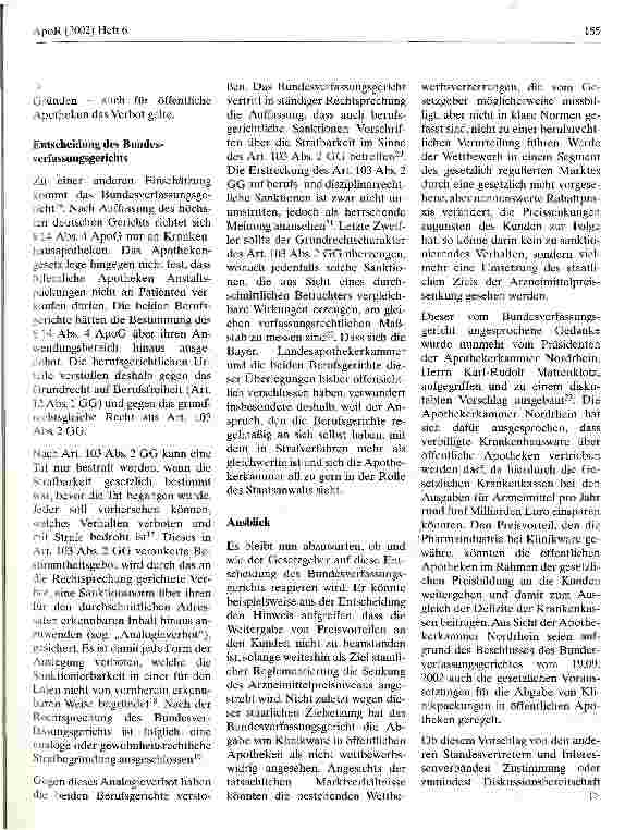 Vorschauseite 3: Zulässigkeit der Abgabe von Klinikpackungen in öffentlichen Apotheken Eine Anmerkung zum Beschluss des Bundesverfassungsgerichts vom 19.09.2002