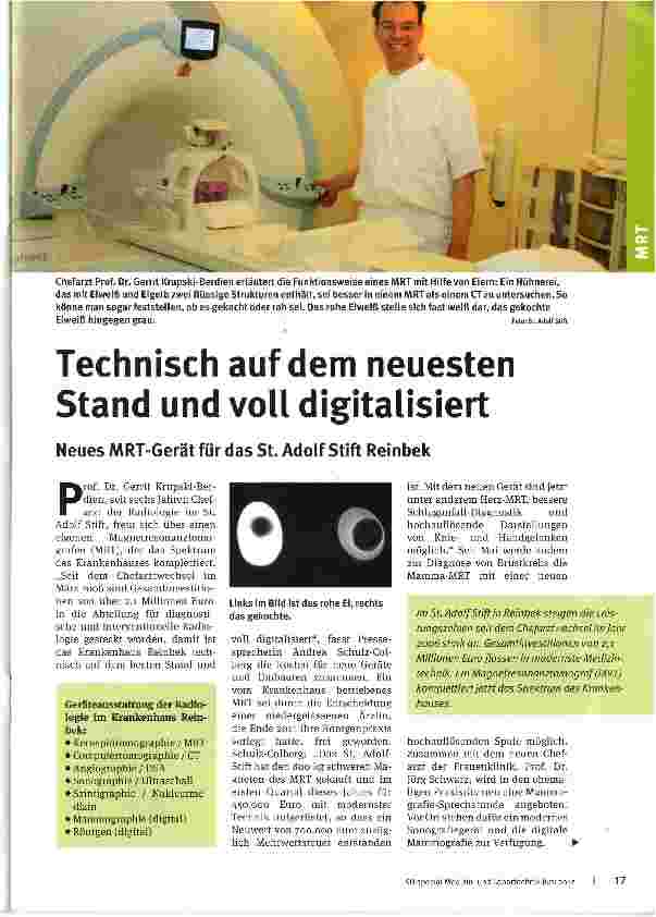 Vorschauseite 1: Technisch auf dem neuesten Stand und voll digitalisiertNeues MRT-Gerät für das St. Adolf Stift Reinbek