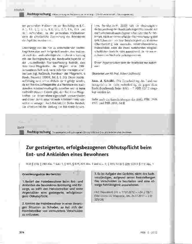 Vorschauseite 1: Zur gesteigerten, erfolgsbezogenen Obhutspflicht beim Entund Ankleiden eines Bewohners