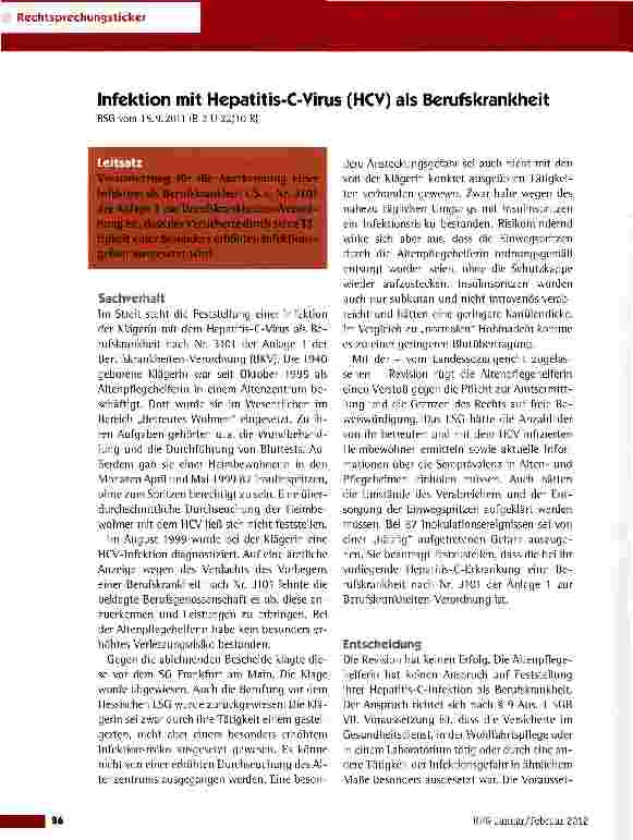 Vorschauseite 1: Infektion mit Hepatitis-C-Virus (HCV) als Berufskrankheit BSG vom 15.9.2011 (B 2 U 22/10 R)