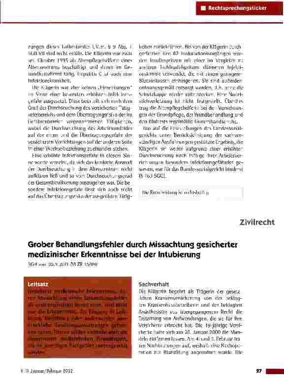 Vorschauseite 2: Infektion mit Hepatitis-C-Virus (HCV) als Berufskrankheit BSG vom 15.9.2011 (B 2 U 22/10 R)
